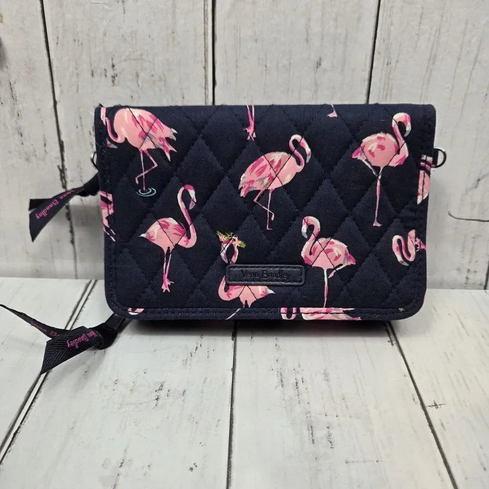 Vera Bradley Pink Flamingo Quilted Wallet Navy Blue RFID Multi Compartment GUC